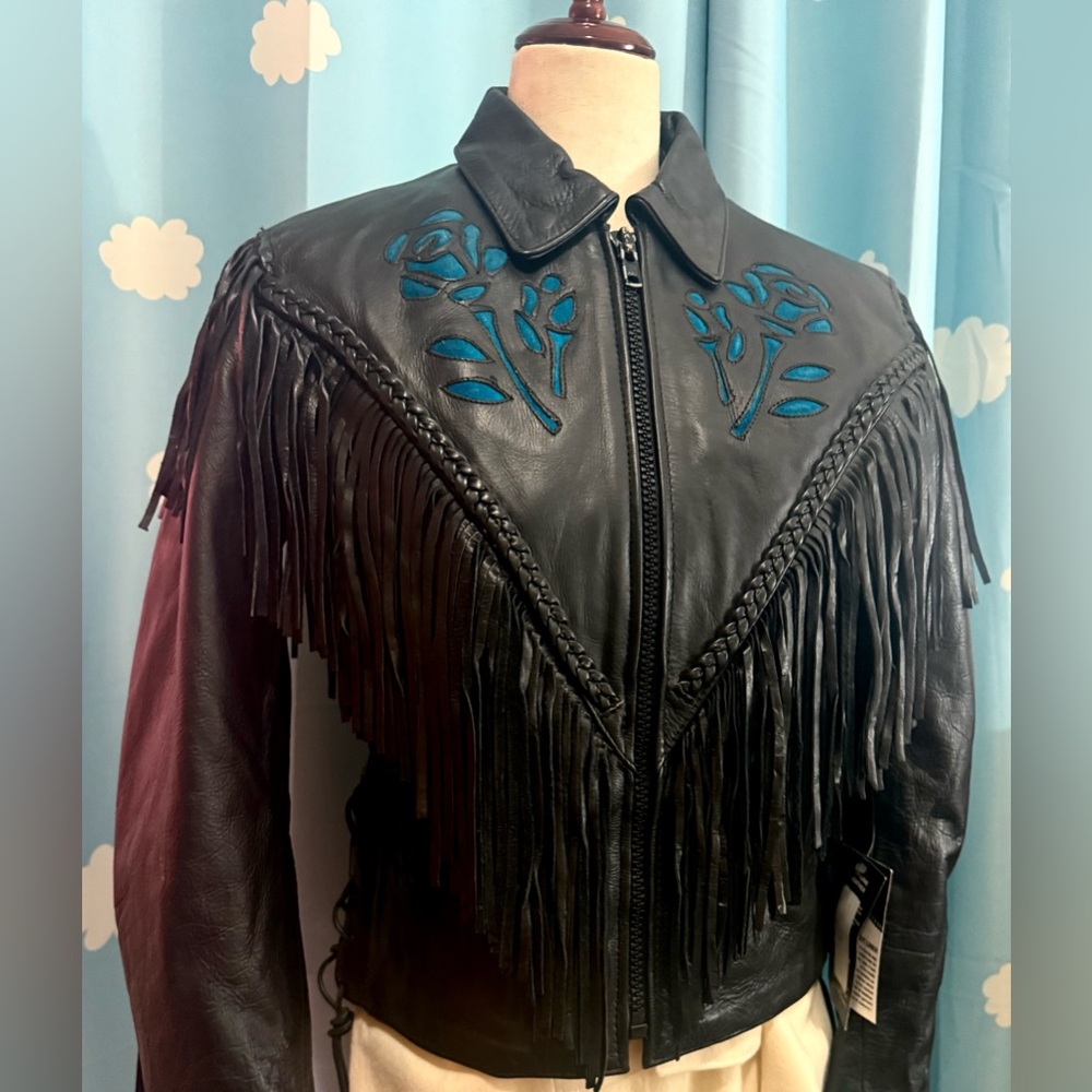 NWT 80s leather fringe rose moto jacket- S-M - Picture 4 of 6